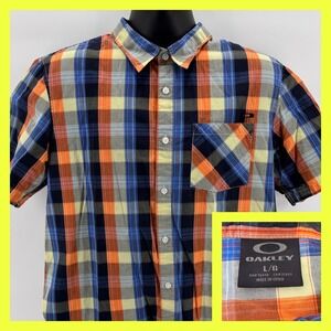 Oakley Men's Plaid Short Sleeve Button Up Shirt Size L G Orange Blue